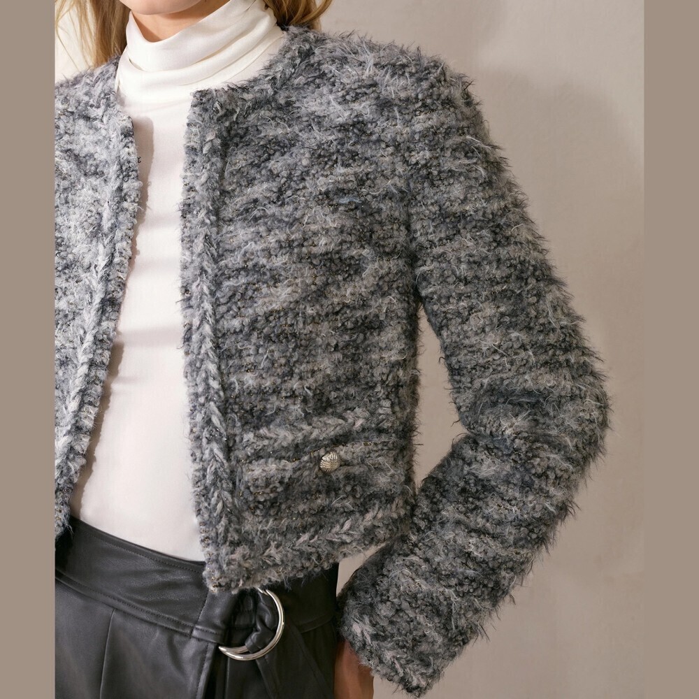 Gray Bouclé Fuzzy Knit Metallic Fleck Open Front Cropped Jacket